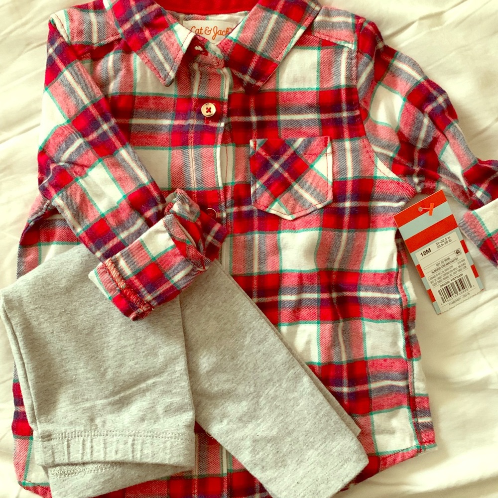 Plaid short & Grey leggings. 18m